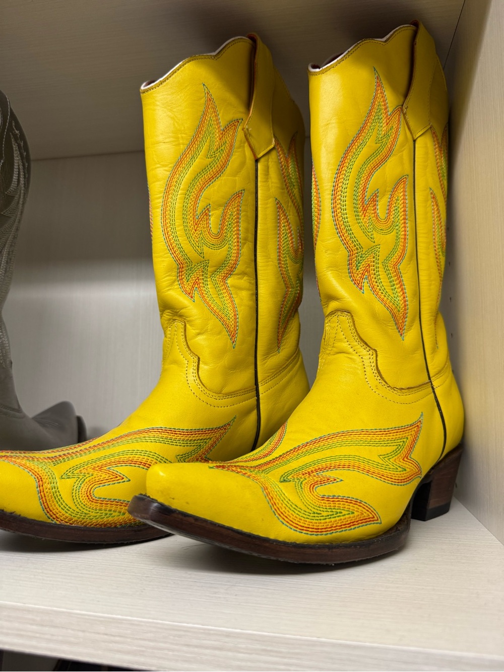 Women's Yellow Western Ankle Booties with Decorative Stitching